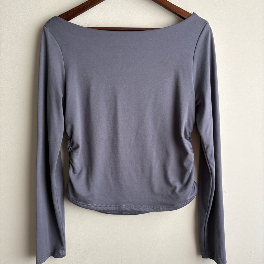 Blink Basics Ruched Side Long Sleeve Top Women’s XL Gray Boatneck Stretch Blouse